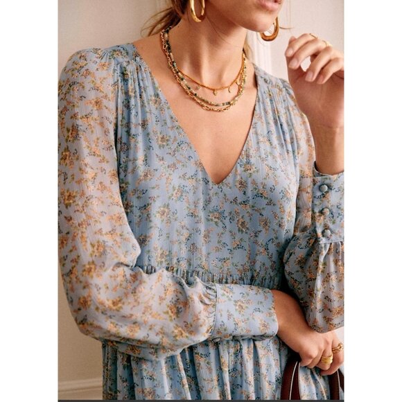 Sézane Aurena Mini Dress Vintage Blue Praire FR 46/US 14 Romantic Boho - Picture 2 of 16